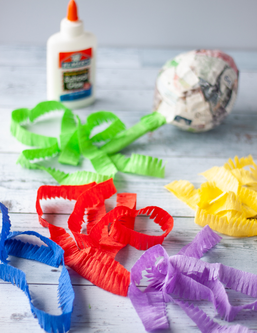 coloured ruffle crepe papers ready to be wrapped around the Mini Pinata