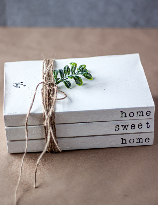 Home Sweet Home stamped book stacks wrapped with twin